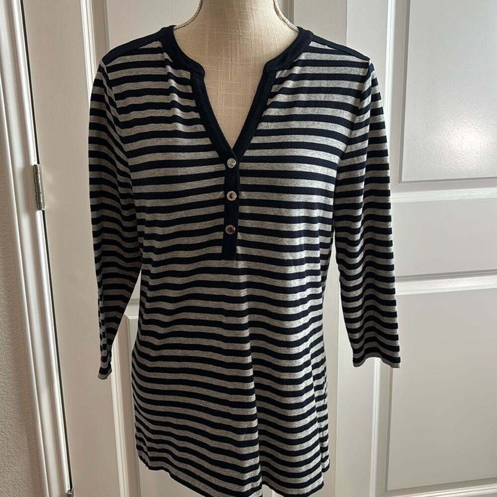 Michael Kors Women's Navy Grey Striped V-Neck Tunic Length Shirt MEDIUM Casual